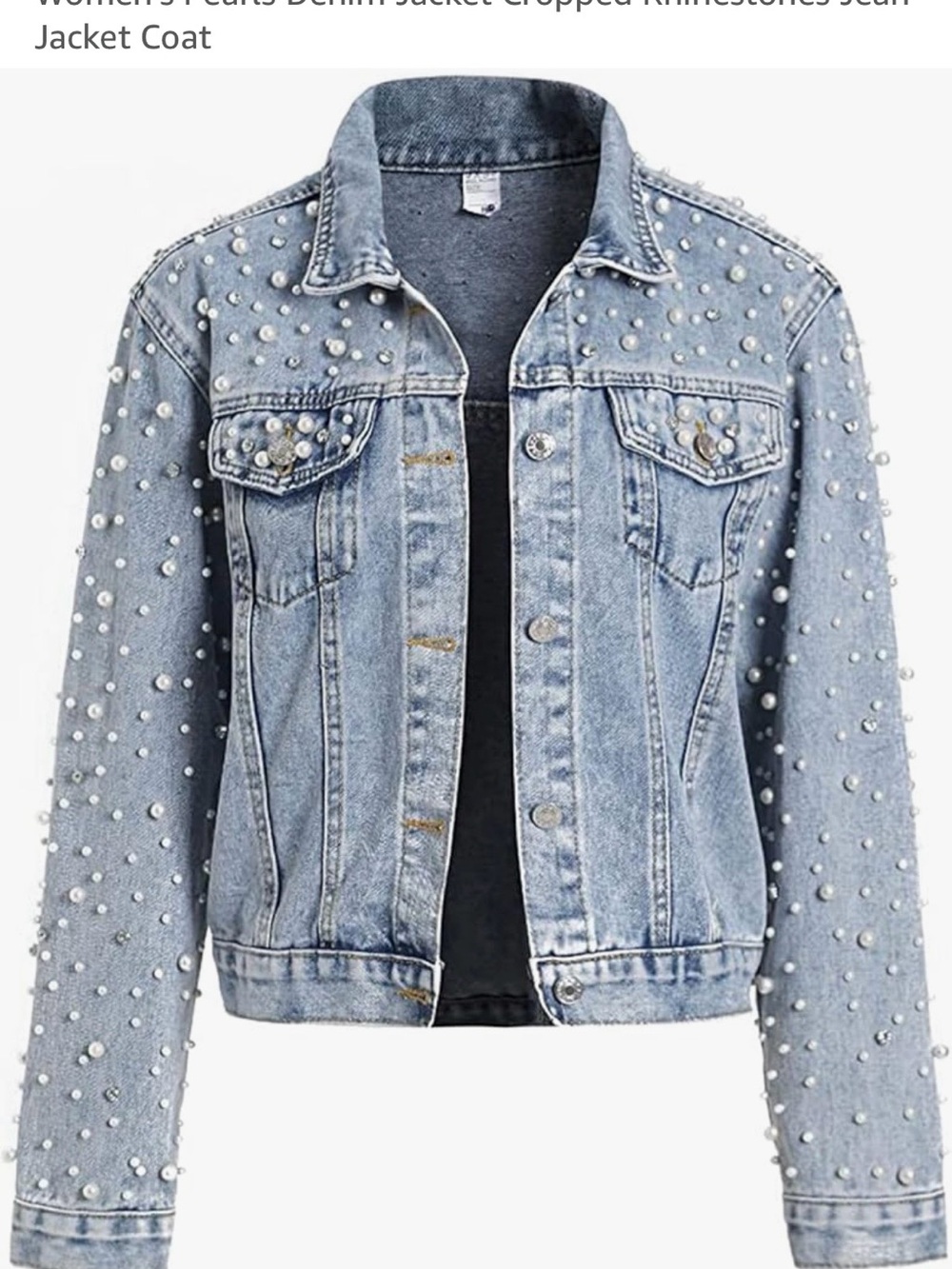Pearl-Embellished Light Blue Denim Jacket - Women
